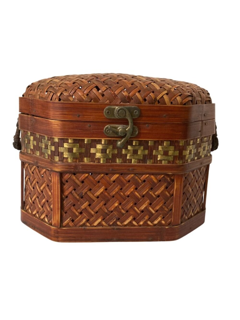 Vintage Hand Woven Wicker And Brass Wood Tabletop Box Chest